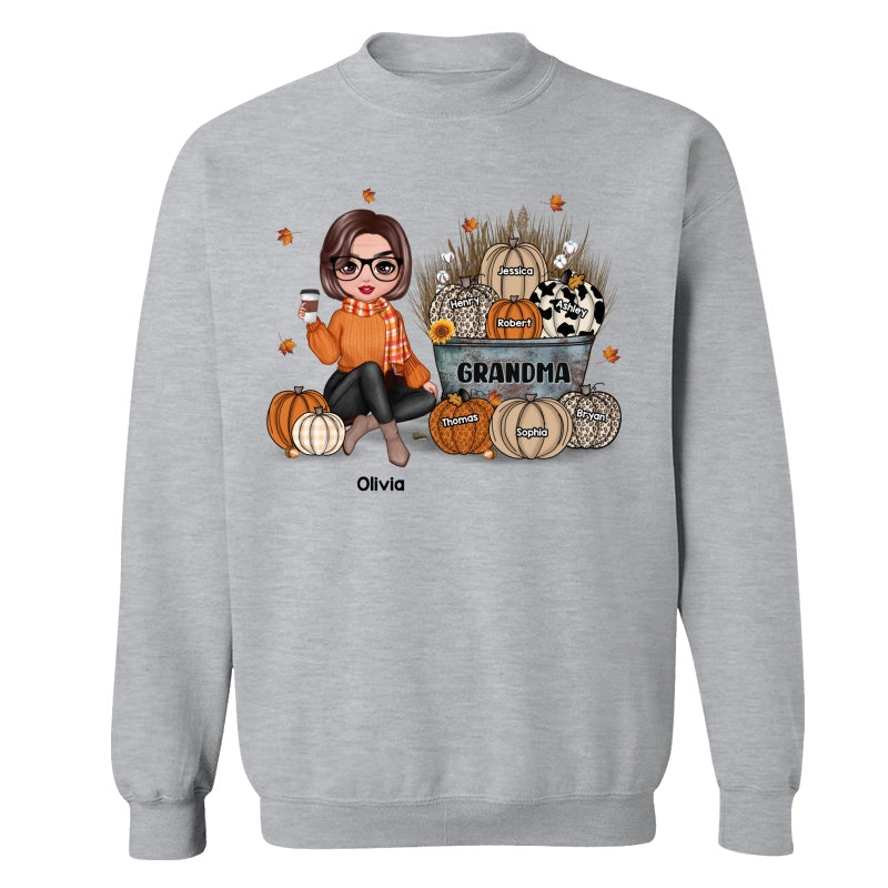 Grandma Mom Fall Season Sitting Pumpkin Bucket Personalized Shirt