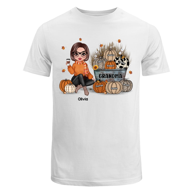 Grandma Mom Fall Season Sitting Pumpkin Bucket Personalized Shirt