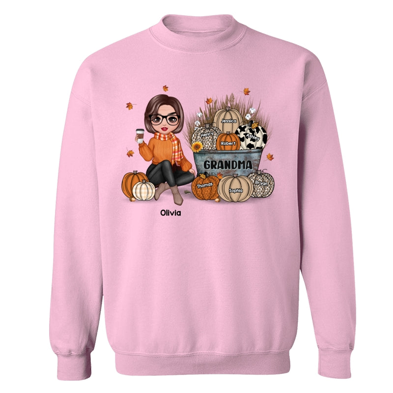 Grandma Mom Fall Season Sitting Pumpkin Bucket Personalized Shirt