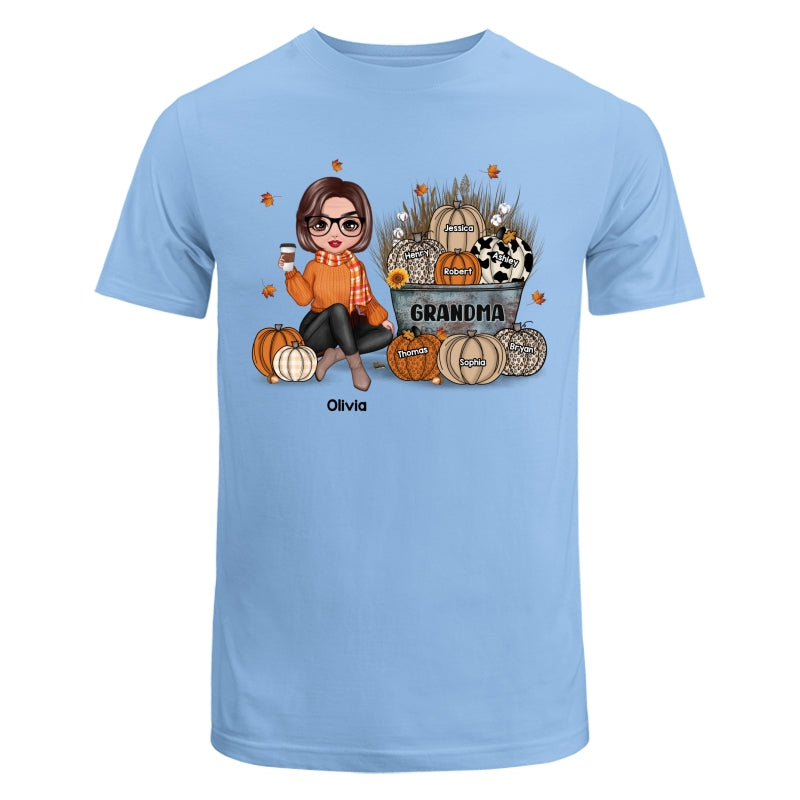 Grandma Mom Fall Season Sitting Pumpkin Bucket Personalized Shirt