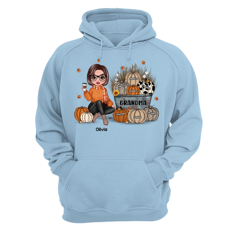 Grandma Mom Fall Season Sitting Pumpkin Bucket Personalized Shirt