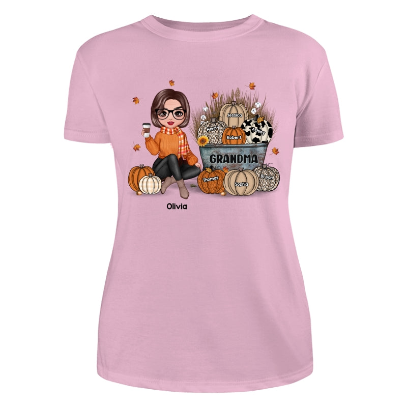 Grandma Mom Fall Season Sitting Pumpkin Bucket Personalized Shirt