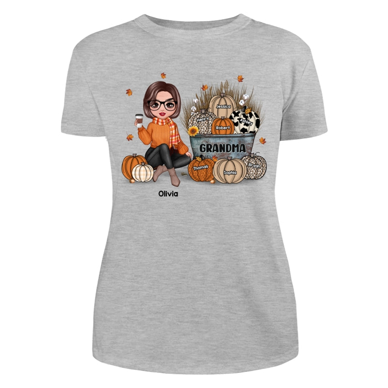 Grandma Mom Fall Season Sitting Pumpkin Bucket Personalized Shirt