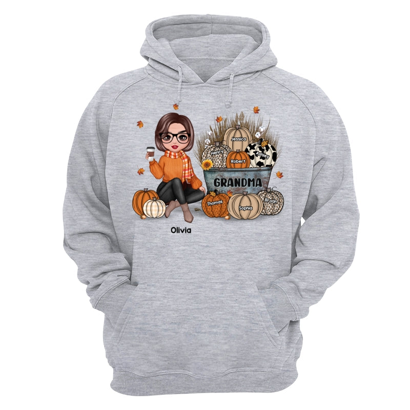 Grandma Mom Fall Season Sitting Pumpkin Bucket Personalized Shirt