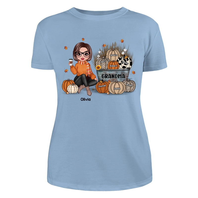 Grandma Mom Fall Season Sitting Pumpkin Bucket Personalized Shirt