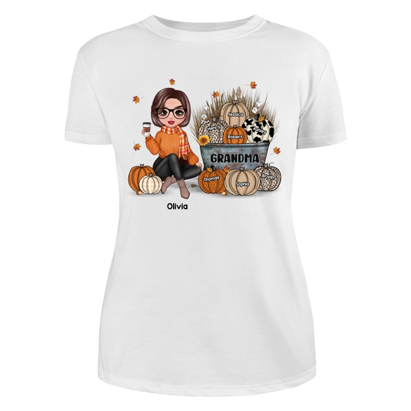 Grandma Mom Fall Season Sitting Pumpkin Bucket Personalized Shirt
