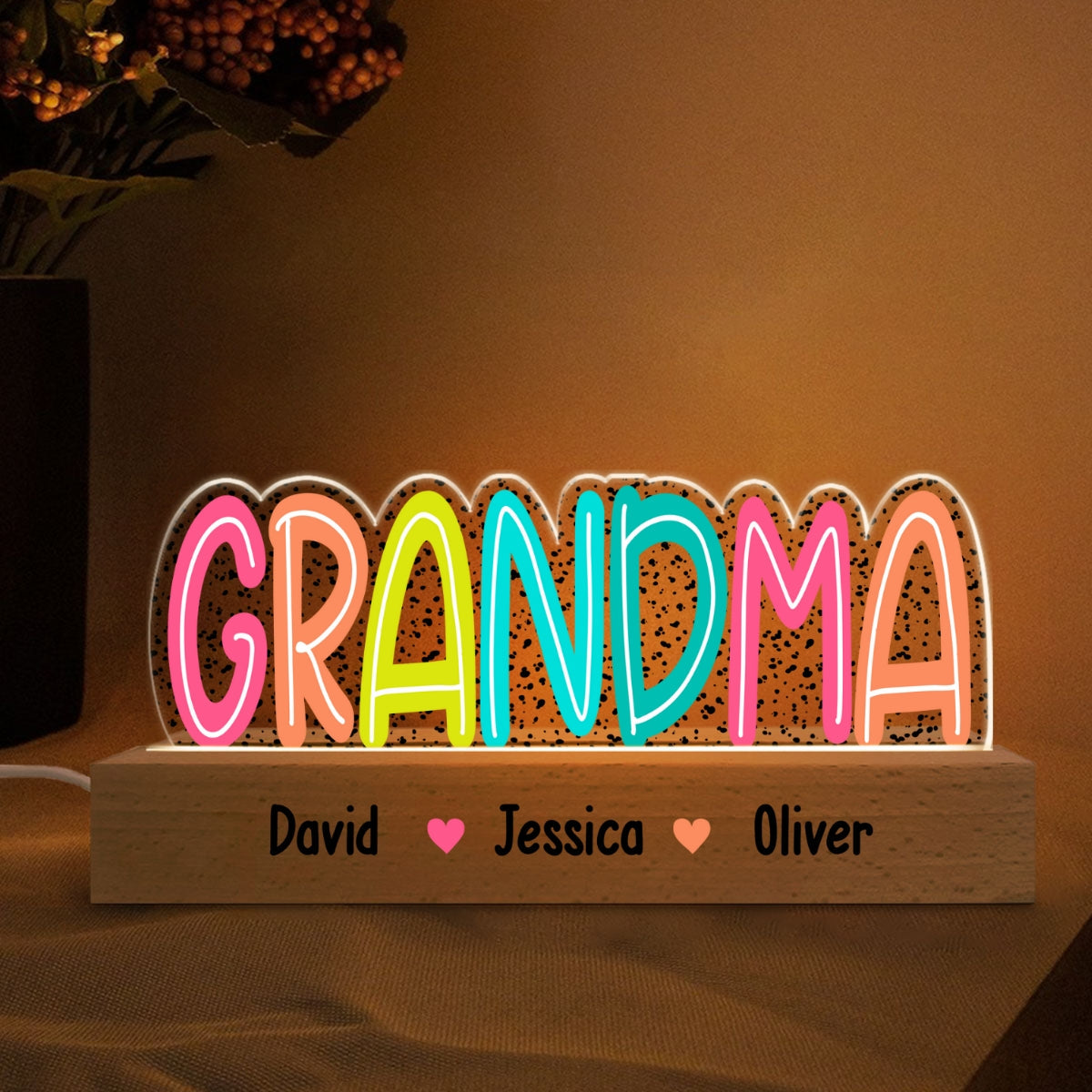 Grandma Mom Dalmation Dot Colorful Pattern Personalized Acrylic LED Night Light