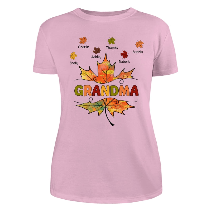 Grandma Mom Fall Leave Cut Through Personalized Shirt
