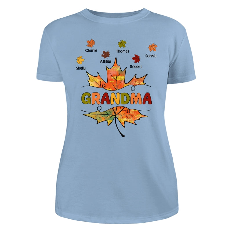 Grandma Mom Fall Leave Cut Through Personalized Shirt