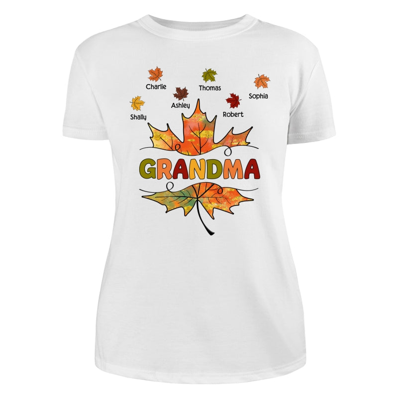 Grandma Mom Fall Leave Cut Through Personalized Shirt