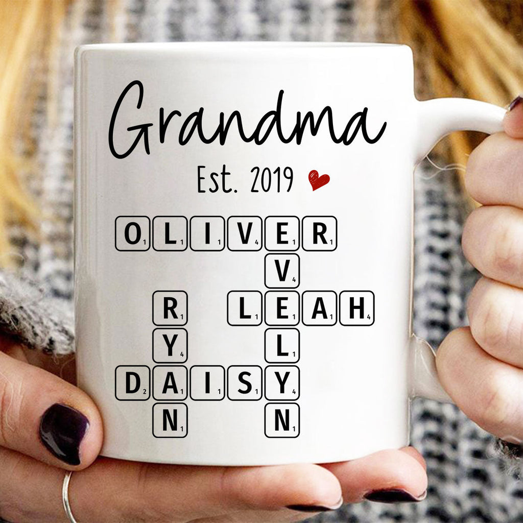 Grandma Mom Est. Crossword Puzzle Art Personalized Mug