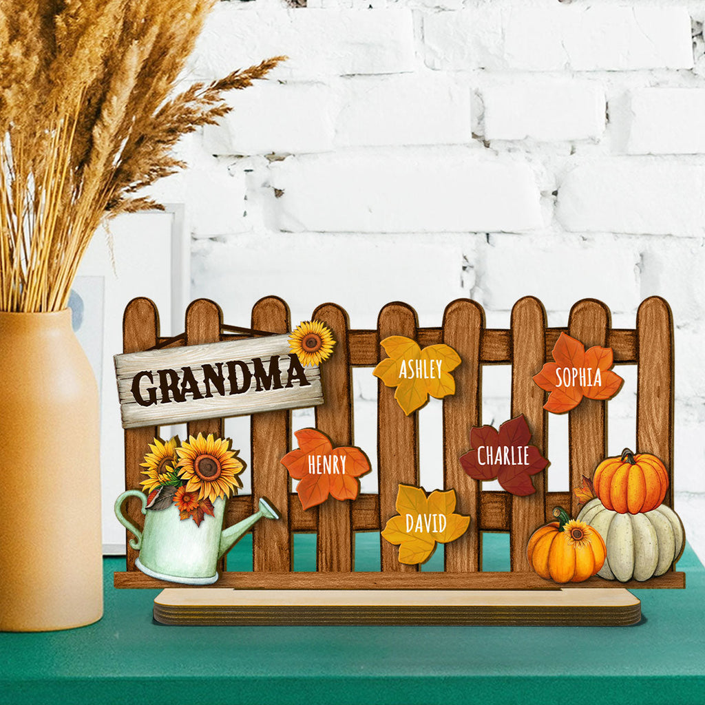 Grandma Mom Fall Leaves On Fence Personalized 2-Layer Standing Wooden Plaque, Fall Season Decor