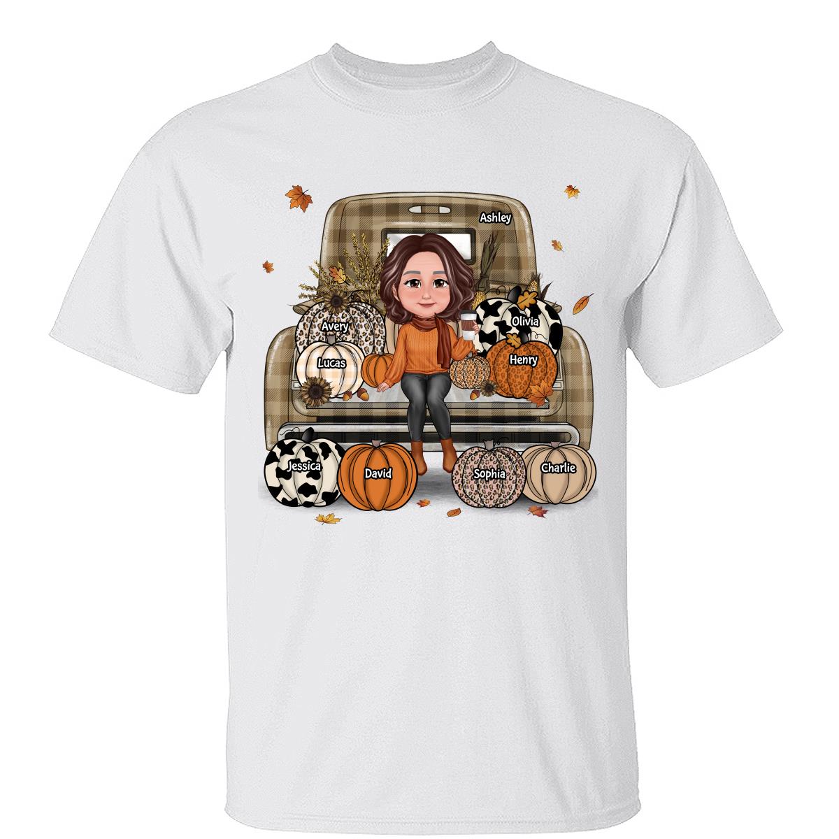 Grandma Mom Fall Season Sitting On Leopard Truck Pumpkins Personalized Shirt