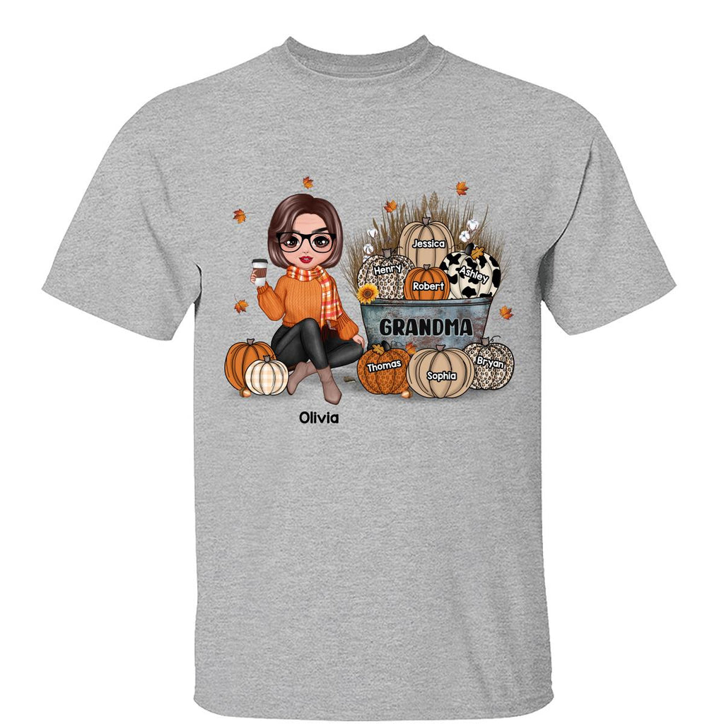 Grandma Mom Fall Season Sitting Pumpkin Bucket Personalized Shirt
