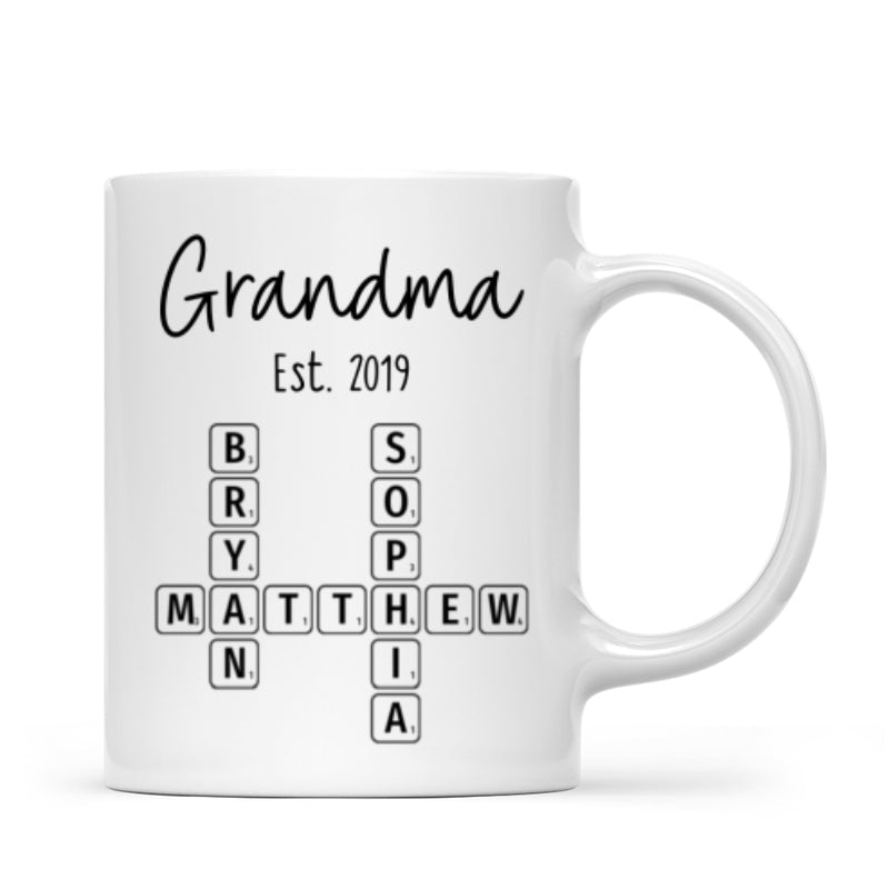 Grandma Mom Est. Crossword Puzzle Art Personalized Mug
