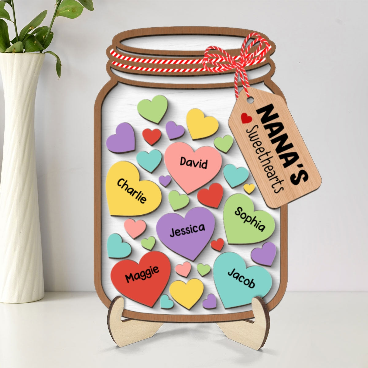 Grandma Mom Colorful Sweethearts Mason Jar Personalized 2-layer Wooden Plaque
